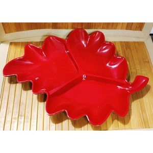 Large 3 Sectioned Melamine Leaf Shaped Platter 15.5x12" Holiday Festival Red